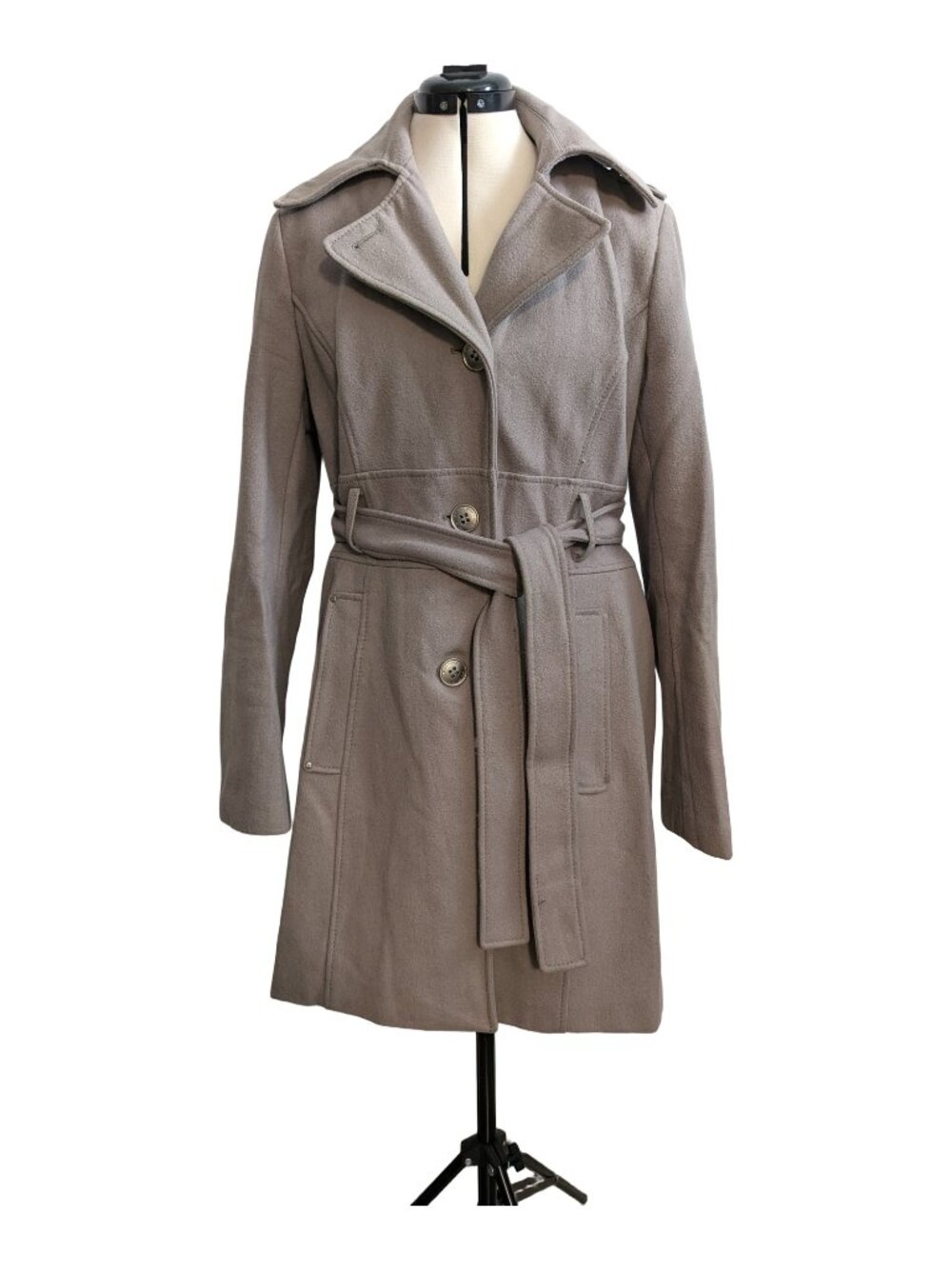 Kenneth Cole New York Taupe Wool Blend Belted Trench Style Coat Women's 8